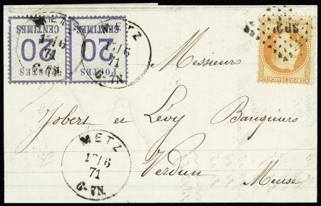 Lettre de Metz pour Verdun en double port avec Alsace n°6 en paire OBL CAD "Metz" (17.6.71) et n°31, 40c orange OBL losnge de points ambulant "SP2°". 