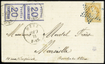 Lettre de Metz pour Marseille en double port avec Alsace n°6 en paire verticale OBL CAD "Metz" (10.9.71) et n°31, 40c orange LD, OBL étoile muette évidée bleue. TB
