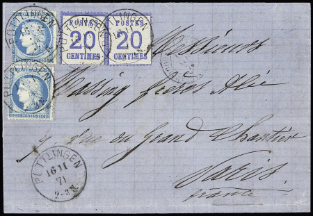 Alsace n°6 en paire + France n°60, 2 pièces OBL CAD "Puttlingen" (16.11.71) sur lettre en double port surrafrnachie pour Paris. Cas exceptionnel d'utilisation du CAD allemand sur timbres français. RR et TB