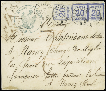 Alsace n°6, 3  pièces, OBL CAD "Hellimer" (13.12.71) sur lettre pour Nancy en triple port avec cachet bleu avec aigle "Mairie de Biding (Moselle)" pour Nancy avec taxe 7 manuscrite (70c). TB