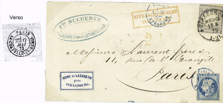 N°60 OBL CAD 1 cercle bleu "Paris étranger" (17.5.72) + Allemagne n°17 OBL CAD rond "Strassburg im Elsass" (18.5.72) sur lettre pour Paris avec cachet rect rouge "affranchissement insuffisant". TB
