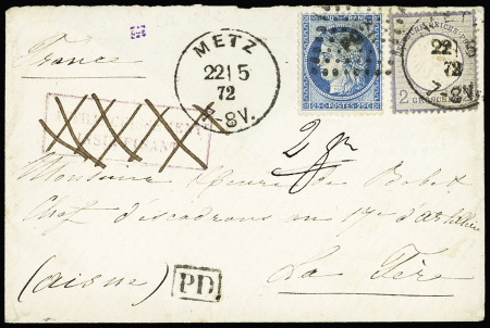 N°60 OBL losange de points "PC2°" ambulant + Allemagne n°17 OBL CAD "Metz" (22.5.72) sur lettre pour La Fère (Aisne) avec griffe encadrée rouge "affranchissement insuffisant" rayée à la plume. TB