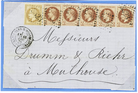 N°26, bande de 5 + n°28 OBL GC 3323 + T17 "Saulxures-s-Mosselotte (82)" (16 dec 1870) sur lettre pour Mulhouse non taxée. TB