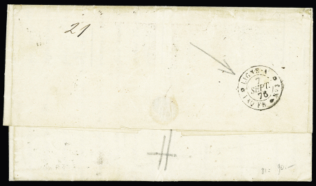 N°57 + 78 en paire OBL CAD "Paris gare du sud-ouest" (1876) sur lettre pour Quito (Equateur) avec griffe privée noire "Voie St Nazaire" et au verso CAD rond "Ligne A paq. Fr. n°3". Rare et TB