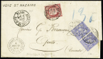 N°57 + 78 en paire OBL CAD "Paris gare du sud-ouest" (1876) sur lettre pour Quito (Equateur) avec griffe privée noire "Voie St Nazaire" et au verso CAD rond "Ligne A paq. Fr. n°3". Rare et TB