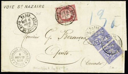 N°57 + 78 en paire OBL CAD "Paris gare du sud-ouest" (1876) sur lettre pour Quito (Equateur) avec griffe privée noire "Voie St Nazaire" et au verso CAD rond "Ligne A paq. Fr. n°3". Rare et TB