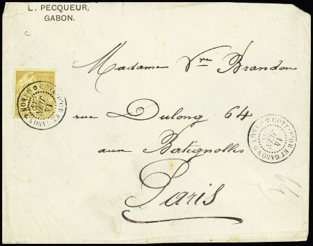 Colonies Générales n°53 OBL CAD "Côte d'Or et Gabon - Gabon" (14 juin 1884) répété à côté sur lettre, rare et TB.