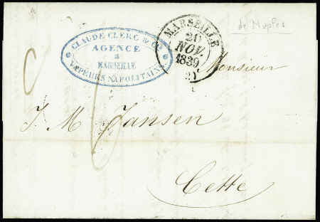 Lettre de Naples pour Cette avec cachet ovale bleu "Claude Clerc et Cie" agence à Marseille vapeurs napolitains" + CAD T13 de Marseille (contient une publicité pour le service des paquebots à vapeur). TB
