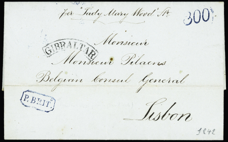 Lettre de Gibraltar pour le consul de Belgique à Lisbonne avec marque cintrée noire "Gibraltar" et marque encadrée bleue "P. Brit" (1840). TB