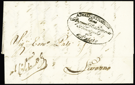 Lettre de Gênes pour Livourne (1841) avec cachet ovale noir "Administration des paquebots à vapeur français à Gênes". TB