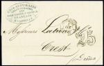 Lettre avec CAD T15 "3 Marseille 3 (12)" (1853) + cachet ovale bleu "CHs &  AUGte Bazin administration des paquebots à vapeur français Marseille + taxe 25 double-trait pour Crest (Drôme). TB