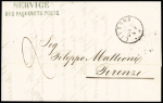 Lettre de Livourne pour Florence (1860) avec rare griffe "Service des paquebots poste" et au verso cachet bleu "Services maritimes des mesageries impériales - agence de Livourne". TB