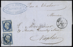 N°22, 2 pièces, OBL GC 2240 + T15 "4 Marseille 4 (12)" (1863) sur lettre pour Naples avec cachet ovale bleu "Giraud frères Marseille Commissres expéditeurs". TB