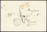 Lettre de Marseille pour Gênes avec CAD de paquebot "Pausilippe *" (1864) + taxe 6 manuscrite et griffe rouge "Piroscafi postali francesi", (Salles n°809), ind 16. TB