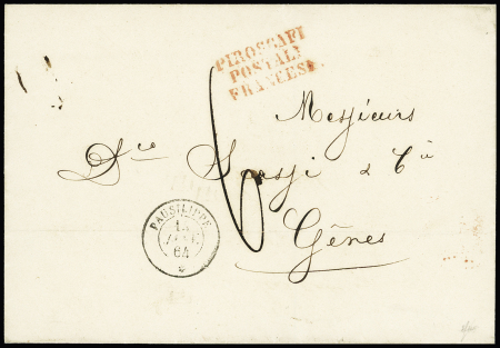 Lettre de Marseille pour Gênes avec CAD de paquebot "Pausilippe *" (1864) + taxe 6 manuscrite et griffe rouge "Piroscafi postali francesi", (Salles n°809), ind 16. TB