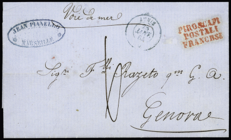 Lettre de Marseille pour Gênes avec CAD de paquebot "Aunis *" (1864) + taxe 6 manuscrite et griffe rouge "Piroscafi postali francesi", ind 16. TB