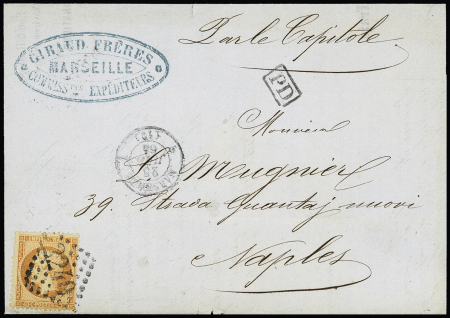 N°23 OBL GC 2240 + T15 "4  Marseille 4 (12)" (1864) sur lettre de Marseille pour Naples avec mention manuscrite "par le Capitole" et cachet ovale bleu "Giraud Frères". TB