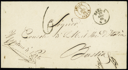 Lettre de La Spezia pour Bastia avec CAD "Spezia" + CAD d'entrée rouge "Italie Bastia" (1866) et taxe 6 tampon façon manuscrite. TB