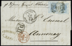 Italie n°23, 2 pièces, OBL rect de points 184 + CAD Napoli (1869) sur lettre pour Annonay avec CAD d'entrée rouge "Italie Marseille". TB