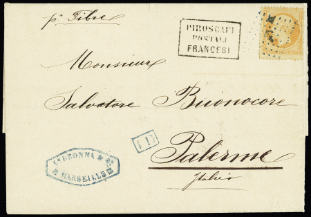 N°23 OBL ancre + cachet rect noir "Piroscafi postali francesi" sur lettre de Marseille pour Palerme. TB