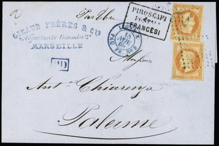 N°31, 2 pièces, OBL ancre bleue + CAD rond bleu "Ligne X PAQ. FR. n°3" (1869) sur lettre de Marseille pour Palerme avec mention manuscrite "Par Erbre". TB