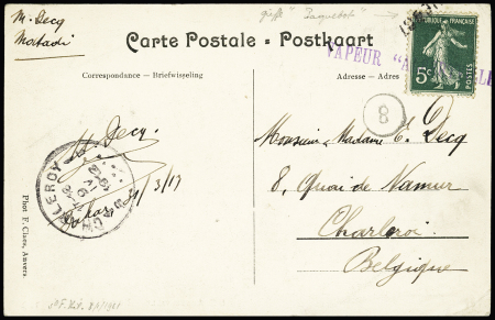 N°137, 5c Semeuse vert avec griffe violette belge "Vapeur Anversville" sur carte postale du paquebot pour Charleroy. TB