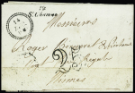 Cursive "12 St Chamas" + dateur "B" (1850) + taxe 25 double-trait, ind 11. TB