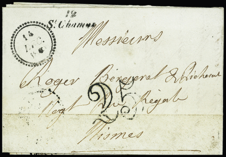 Cursive "12 St Chamas" + dateur "B" (1850) + taxe 25 double-trait, ind 11. TB
