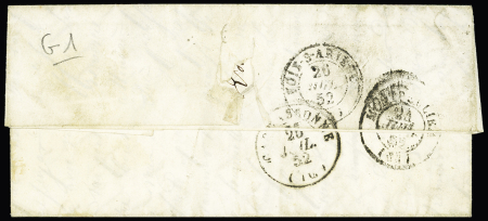 Var : cursive "78 Rade de Toulon" + T15 "Toulon-s-Mer (78)" (1852) + taxe 25 double-trait, ind 22, pièce très recherchée par les amateurs de poste navale. RR et TB