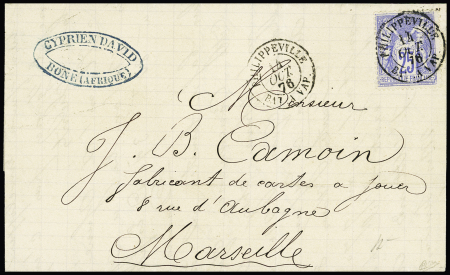 N°78 OBL CAD "Philippeville bat a vap" (1876) répété à côté sur lettre de Bône pour Marseille (S497 B), ind 15. TB