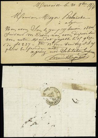 2 plis : n°90 OBL CAD "Marseille bat a vap" (1884) répété à côté (S 572) et n°66 OBL CAD "Marseille bat a vap" (1876) sur CP précurseur. Frappes B