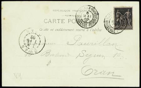 N°103 OBL CAD 2 cercles "bateau a vapeur Marseille-Alger" (1902) répété à côté sur carte postale de Marseille pour Oran (Salles n°568)