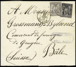 N°77 + 89 OBL CAD "Ajaccio bat. A vap" (1878) répété à coté sur lettre de Bône pour la Suisse (S 432) rare et TB