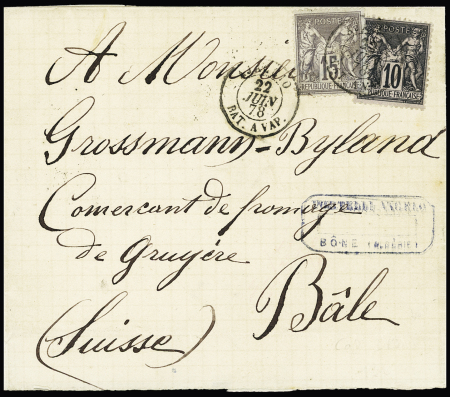 N°77 + 89 OBL CAD "Ajaccio bat. A vap" (1878) répété à coté sur lettre de Bône pour la Suisse (S 432) rare et TB