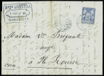 N°90 OBL rare CAD bleu "Calvi ligne de Marseille" (1882) répété à côté sur lettre de Marseille pour l'Ile Rousse (Salles n°448, ind 18)