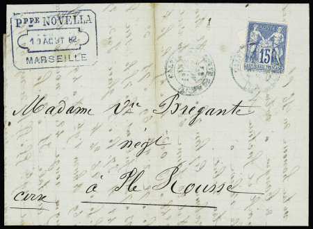 N°90 OBL rare CAD bleu "Calvi ligne de Marseille" (1882) répété à côté sur lettre de Marseille pour l'Ile Rousse (Salles n°448, ind 18)