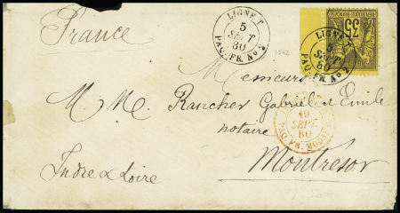 N°93 OBL CAD rond "Ligne T Paq. FR n°2" (1880) répété à côté sur lettre (Salles n°2141). TB