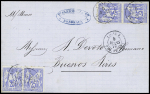 N°78, 2 paires, OBL CAD "Ligne J Paq. FR n°3" (1877) sur lettre de Bordeaux pour Buenos Aires (Salles n°1063, ind 20) sur lettre. TB