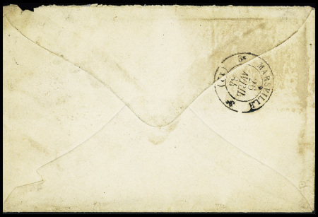 N°92, 25c jaune, OBL CAD rond "Ligne N Paq. FR n°4" (1884) répété à côté sur une petite lettre (Salles n°1921). TB