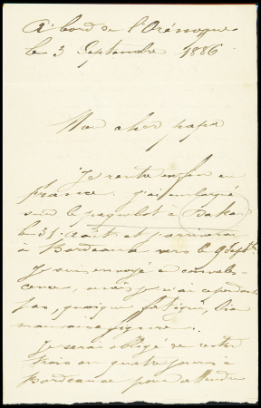 N°97 OBL CAD rond "Ligne J Paq. FR n°4" (1886) répété à côté sur lettre pour Toulouse avec mention manuscrite "Via Lisbonne" (Salles n°1066). Rare et TB
