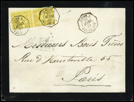 N°92 en paire OBL CAD octogonal sur la pointe "Ligne J Paq. FR n°5" (1883) sur lettre de deuil. Jolie pièce rare. (Salles n°1063), ind 20.