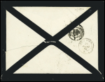 N°92 en paire OBL CAD octogonal sur la pointe "Ligne J Paq. FR n°5" (1883) sur lettre de deuil. Jolie pièce rare. (Salles n°1063), ind 20.