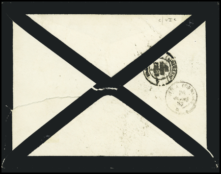 N°92 en paire OBL CAD octogonal sur la pointe "Ligne J Paq. FR n°5" (1883) sur lettre de deuil. Jolie pièce rare. (Salles n°1063), ind 20.