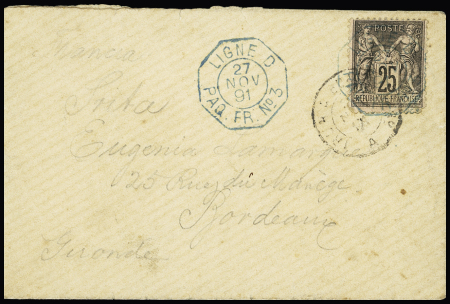 N°97 (LD) OBL CAD octogonal bleu à cercle intérieur "Ligne D Paq. FR n°3" (1891) répété à côté (Salles n°1473) sur lettre. TB