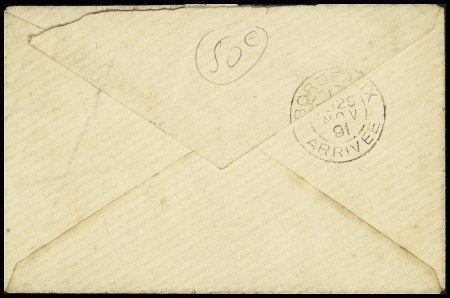 N°97 (LD) OBL CAD octogonal bleu à cercle intérieur "Ligne D Paq. FR n°3" (1891) répété à côté (Salles n°1473) sur lettre. TB