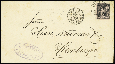 N°97 OBL CAD octogonal à cercle intérieur répété à côté "Ligne D Paq. FR n°2" (1902) sur lettre de La Guayra pour Hambourg (Salles n° 1473). Jolie pièce