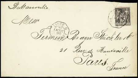 N°97 OBL CAD octogonal à cercle intérieur "Ligne B Paq. FR n°1" (1898) répété à côté sur lettre avec mention manuscrite "SS Manoubia" et au verso CAD de transit St Nazaire (S n°1435). TB