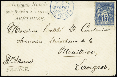 N°90 OBL CAD octogonal bleu à cercle intérieur "Ligne J Paq. FR n°4" (1889 - Salles n°1066 - ind 21) sur une petite lettre avec griffe noire "Division navale de l'océan atlantique Aréthuse, rare. TB