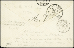 N°90 OBL CAD octogonal bleu à cercle intérieur "Ligne J Paq. FR n°4" (1889 - Salles n°1066 - ind 21) sur une petite lettre avec griffe noire "Division navale de l'océan atlantique Aréthuse, rare. TB