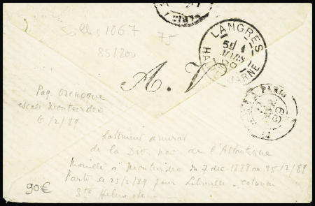 N°90 OBL CAD octogonal bleu à cercle intérieur "Ligne J Paq. FR n°4" (1889 - Salles n°1066 - ind 21) sur une petite lettre avec griffe noire "Division navale de l'océan atlantique Aréthuse, rare. TB